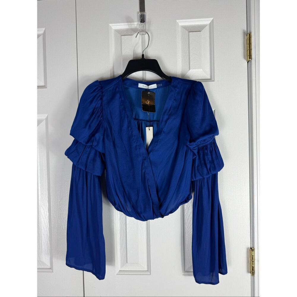 NWT Mustard Seed Womens Royal Blue Satin Ruffle Sleeve Crop Top Size M